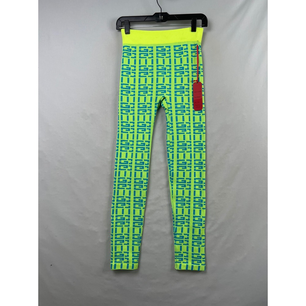 Roma Concept Leggings Womens S/M Lime Blue Geometric Maze Neon High Waist LG2283